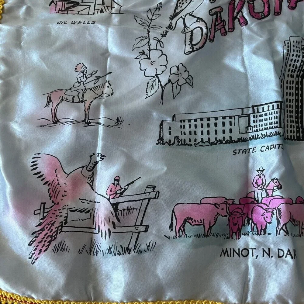 Vtg Satin Pillow Cover NORTH DAKOTA Silver with Gold Fringe 16